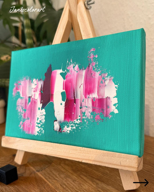 Handgemaltes Mini Acrylbild auf Staffelei in Türkis mit Pink-Akzenten, Auftragsarbeit