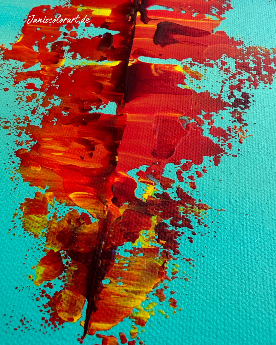 Detailaufnahme von oben – türkise Leinwand mit roter Acrylstruktur