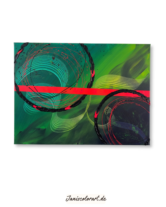 Handgemaltes abstraktes Kunstwerk in Grün und Pink auf Leinwand - Janiscolorart