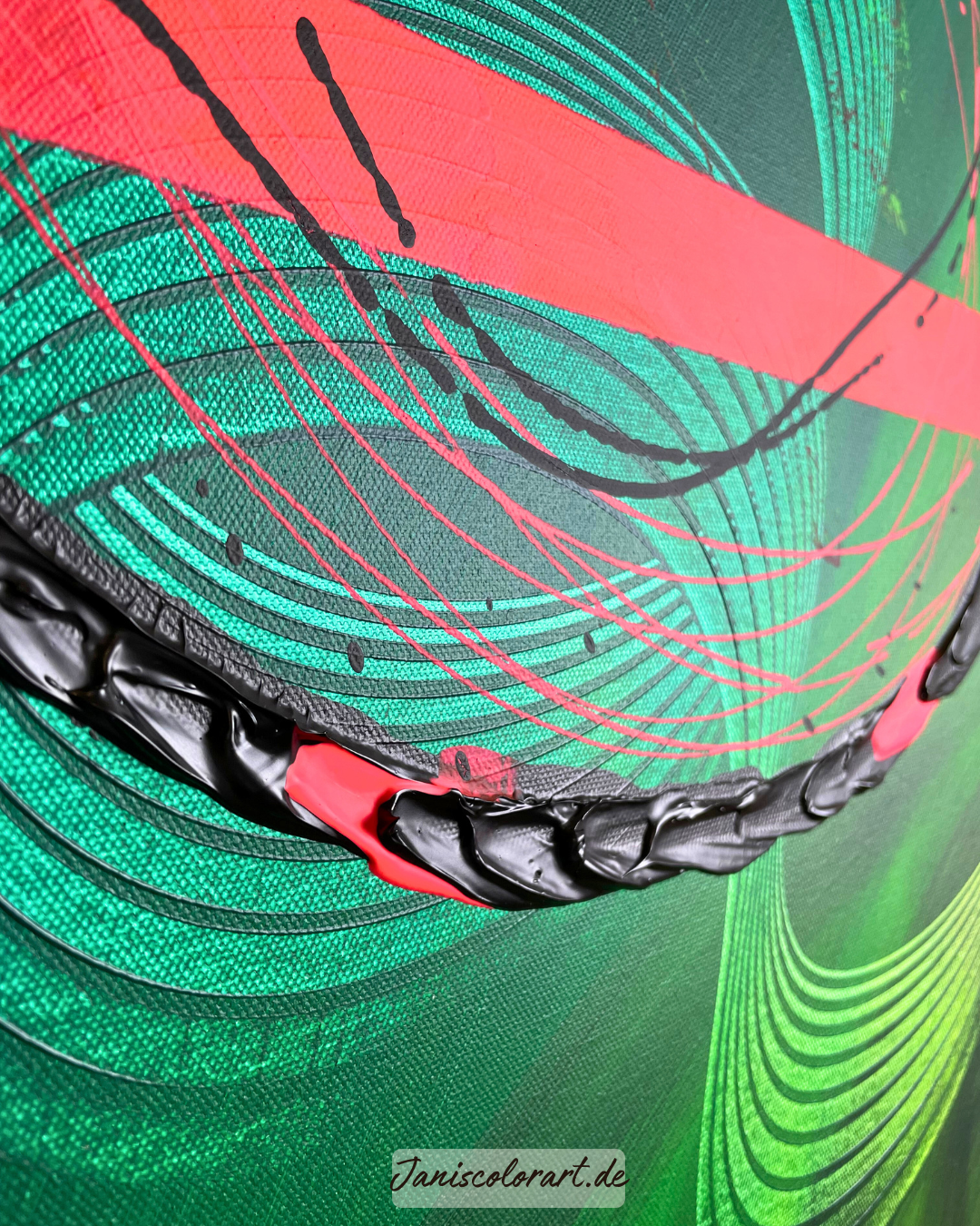 Moderne abstrakte Kunst - Kreisförmige Elemente in Grün, Pink und Schwarz
