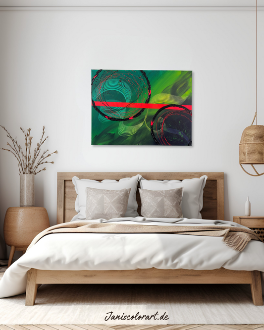 Abstraktes Acrylgemälde Grün Pink 60x80cm - Detailansicht der dynamischen Komposition