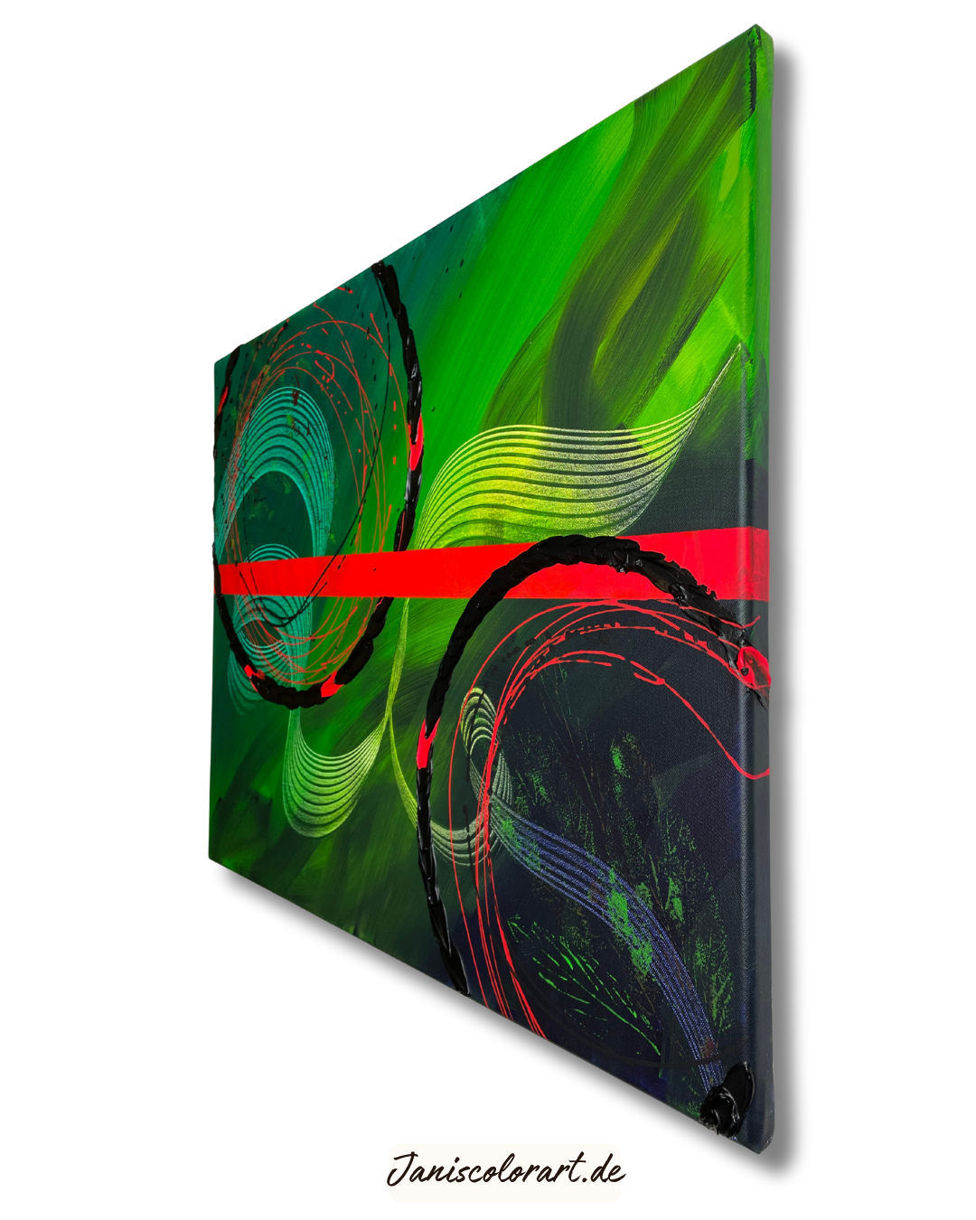 Moderne abstrakte Kunst - Kreisförmige Elemente in Grün, Pink und Schwarz
