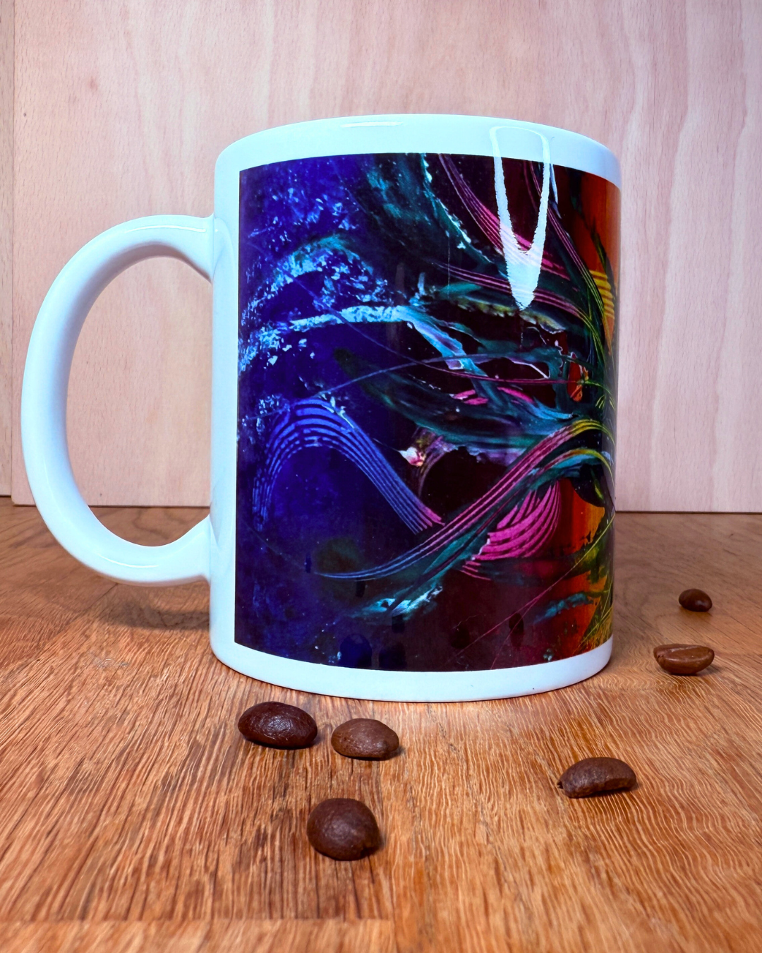 Dopamine Deco Tasse Rückansicht – abstrakte Kunst in dunklen Blau- und Lilatönen