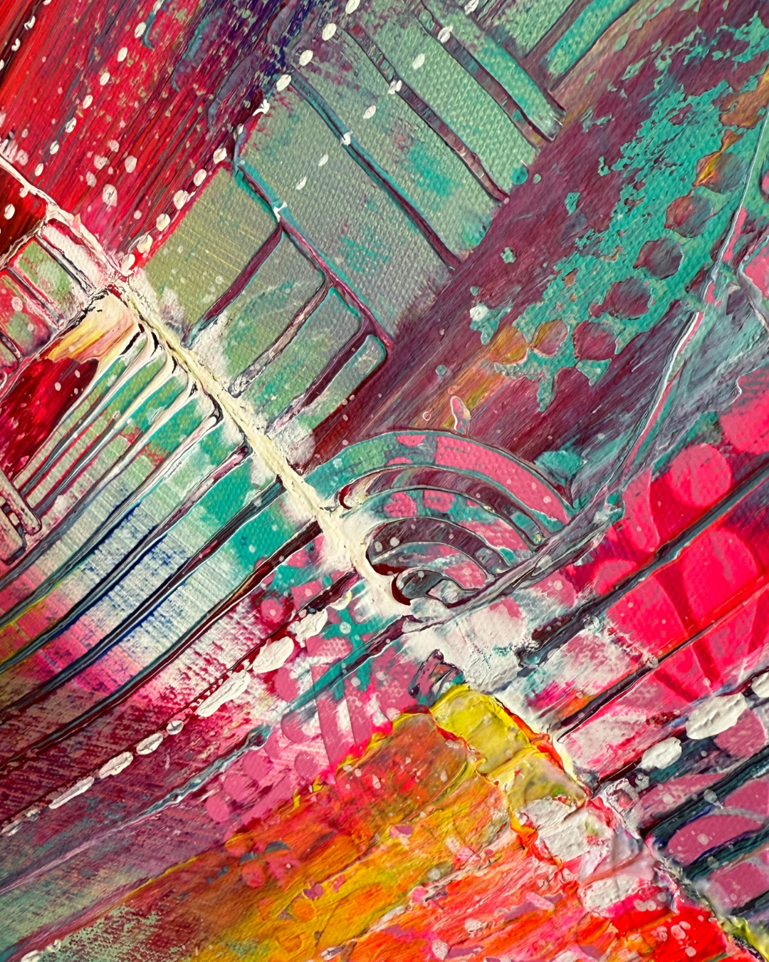 Detailaufnahme abstraktes Acrylgemälde – Kratztechnik und Spachteltechnik in Türkis, Pink und Gelb, Unikat von Janiscolorart