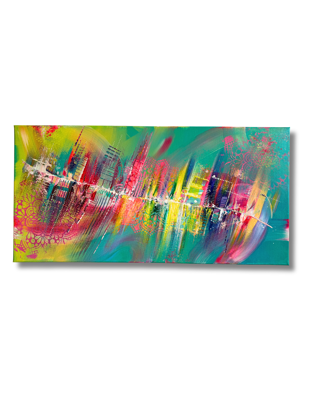 Abstraktes Acrylgemälde in Türkis, Pink, Gelb und Violett – farbenfrohes Unikat von Janiscolorart, 50 × 100 cm, Modern Boho Wandkunst