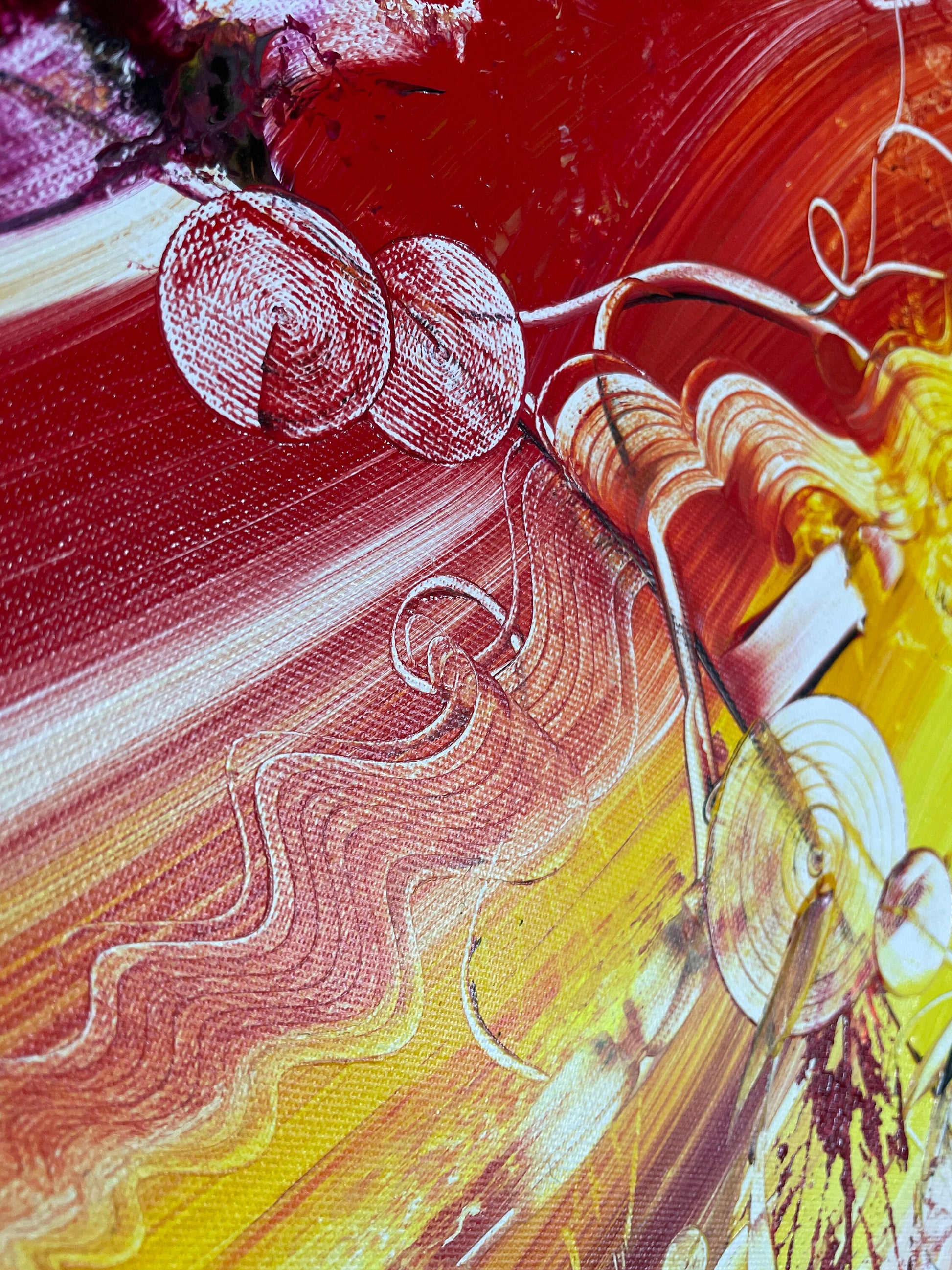 Abstraktes Acrylbild in Gelb, Rot und Orange, ein modernes Original von Janiscolorart.