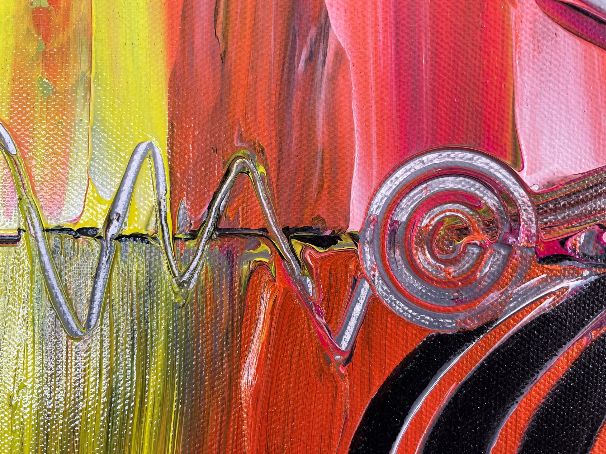 Abstraktes Acrylbild Bunt mit zentralen, Kreisen. auf einem Schwarz weißen Hintergrund. Dynamische Komposition. Handgemaltes Unikat.