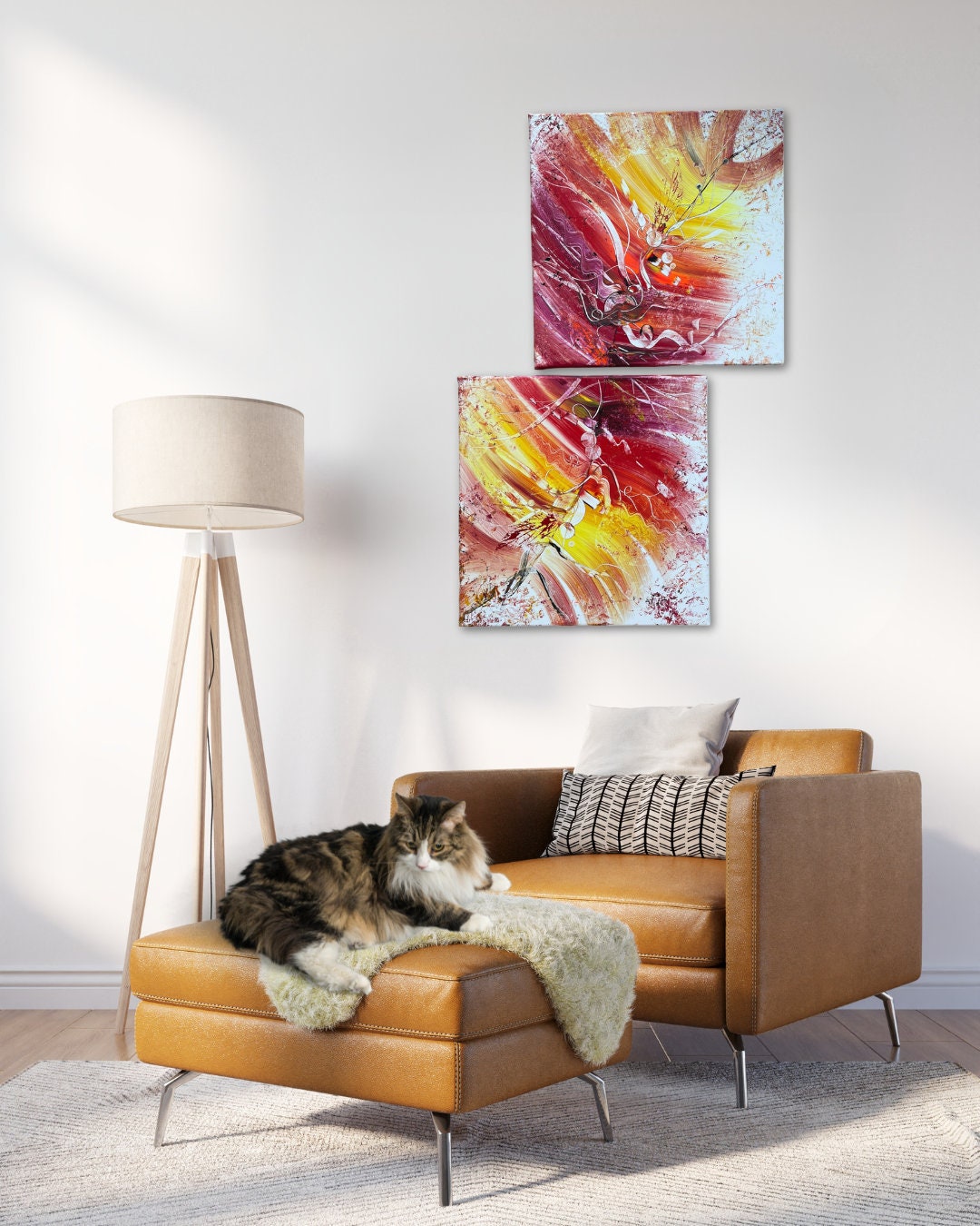 abstrakte bilder 2-teilig in Orange, Rot und Gelb. Ideal für eine außergewöhnliche Wanddeko im Wohnraum.