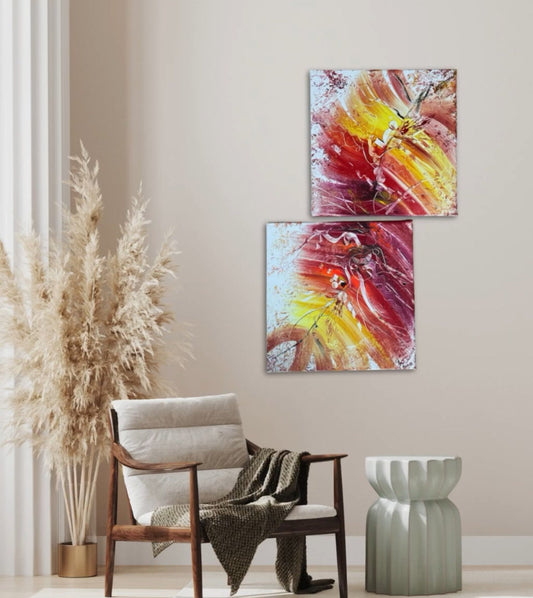 mehrteiliges leinwandbild in Orange, gelb und Rot zur fröhlichen Wandgestaltung im Wohnzimmer.