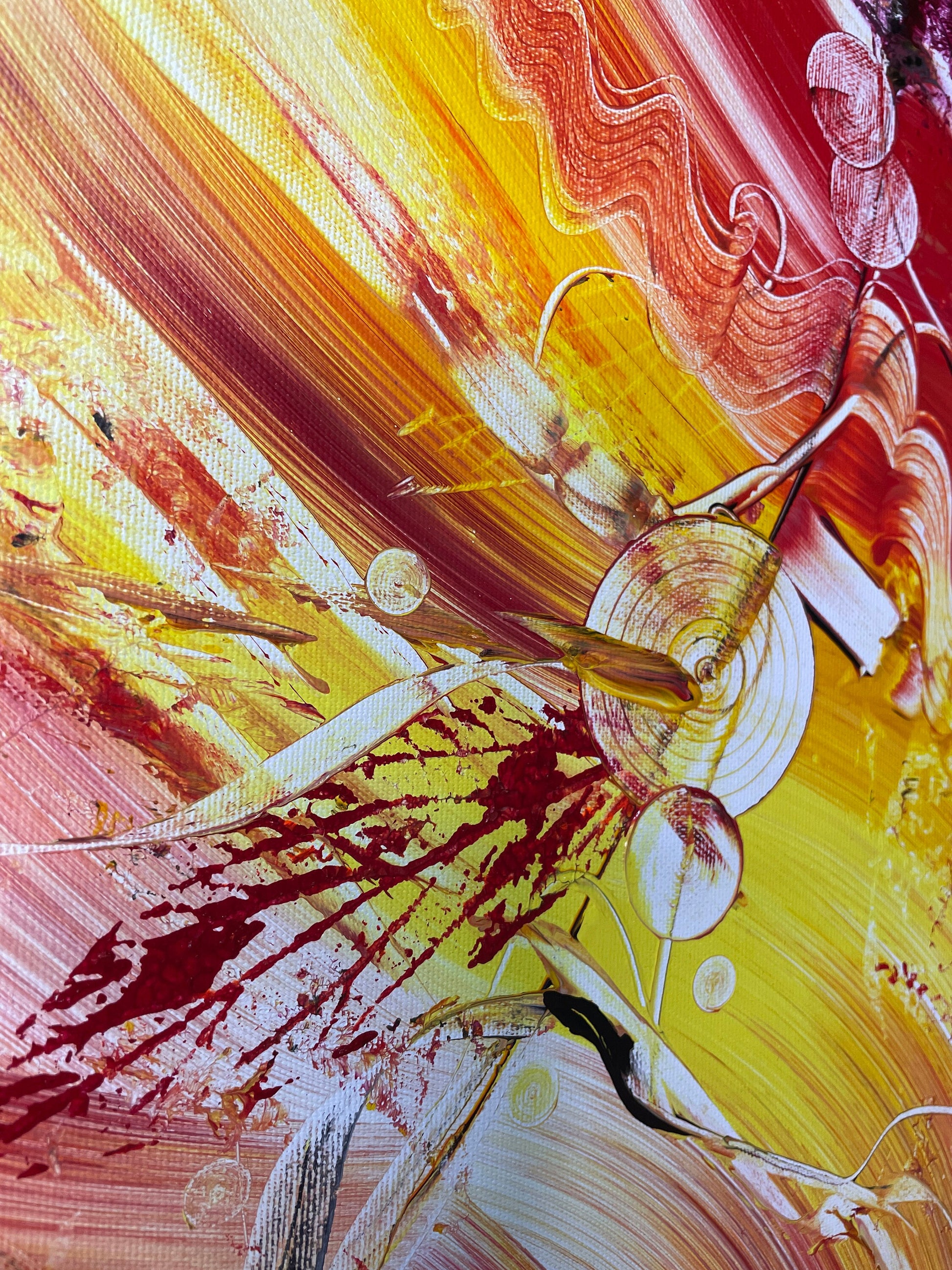 Abstraktes Acrylbild in Gelb, Rot und Orange, ein modernes Original von Janiscolorart.