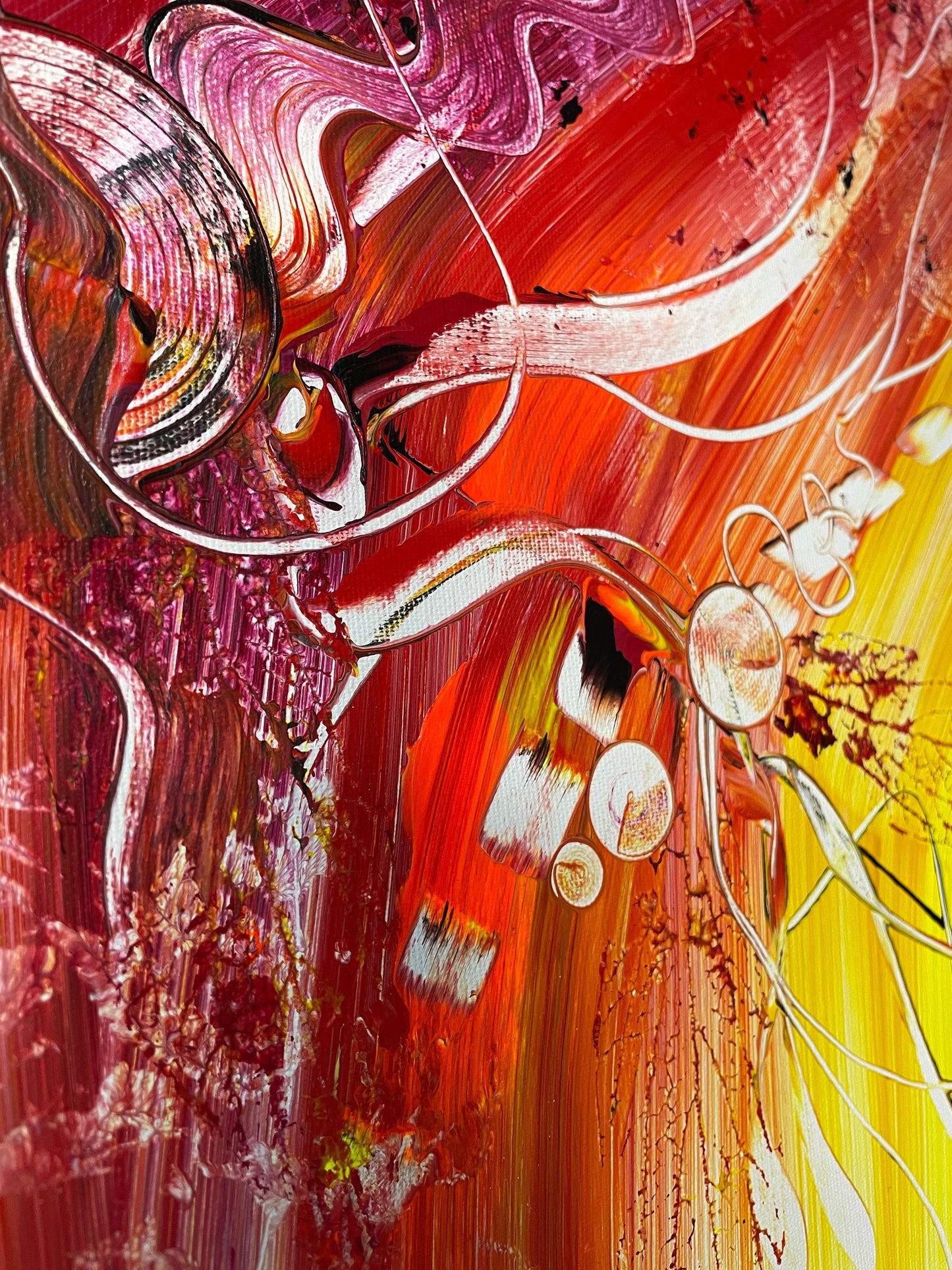 Abstraktes Acrylbild in Gelb, Rot und Orange, ein modernes Original von Janiscolorart.