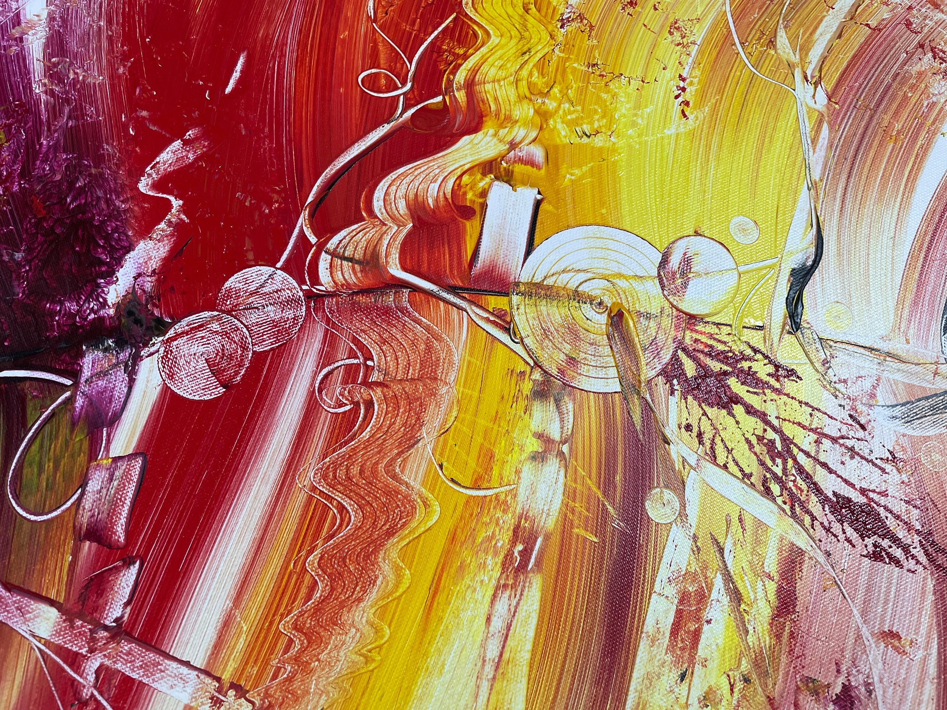 Abstraktes Acrylbild in Gelb, Rot und Orange, ein modernes Original von Janiscolorart.