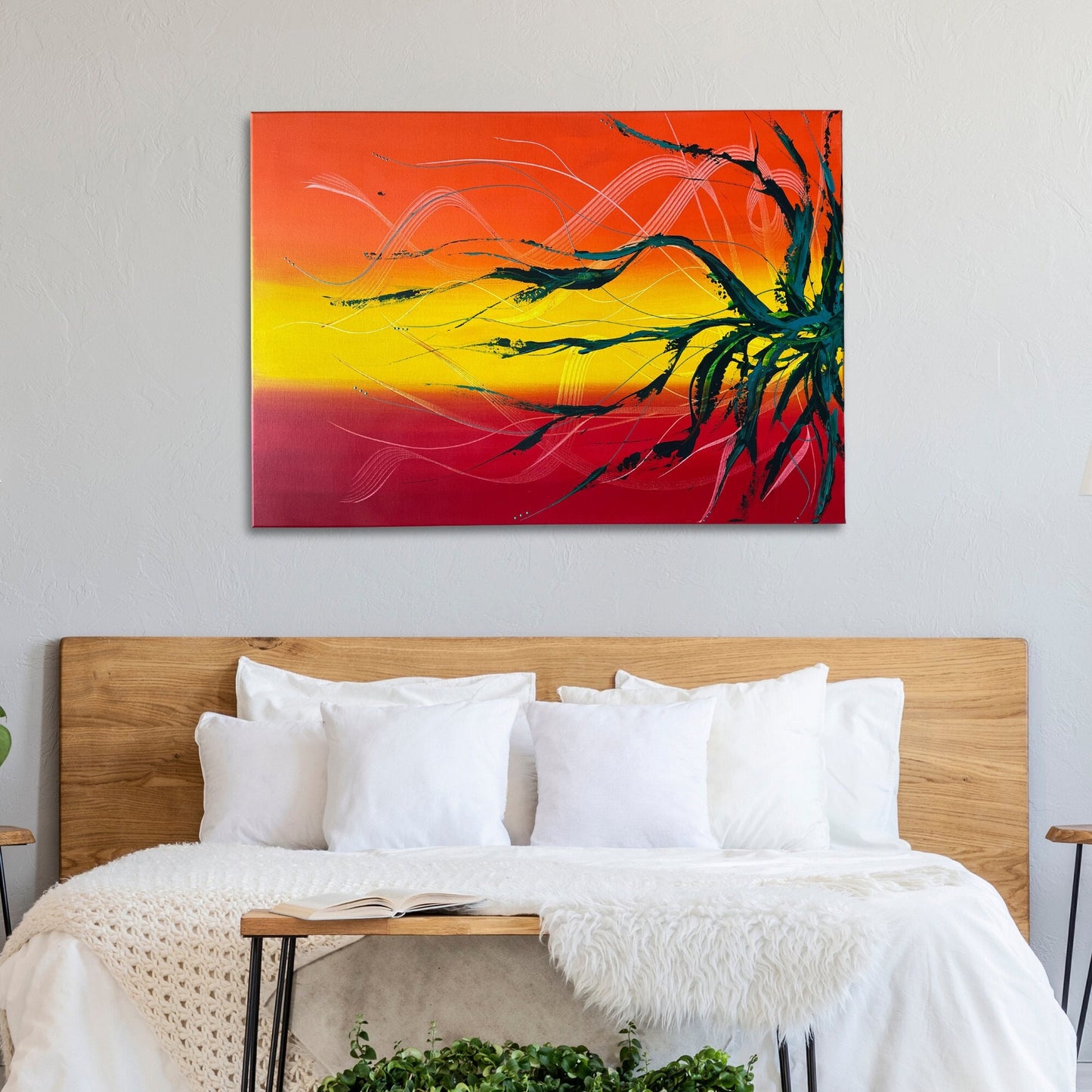 Abstraktes Acrylbild XXL Rot Gelb Orange. Dunkle, stilisierte Ast-Struktur. Handgemaltes Acrylgemälde.