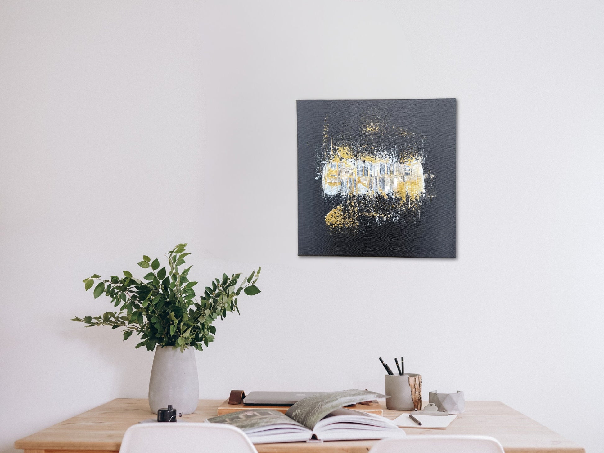 original gemälde günstig kaufen: Abstraktes Leinwandbild in schwarz Gold und Weiß.