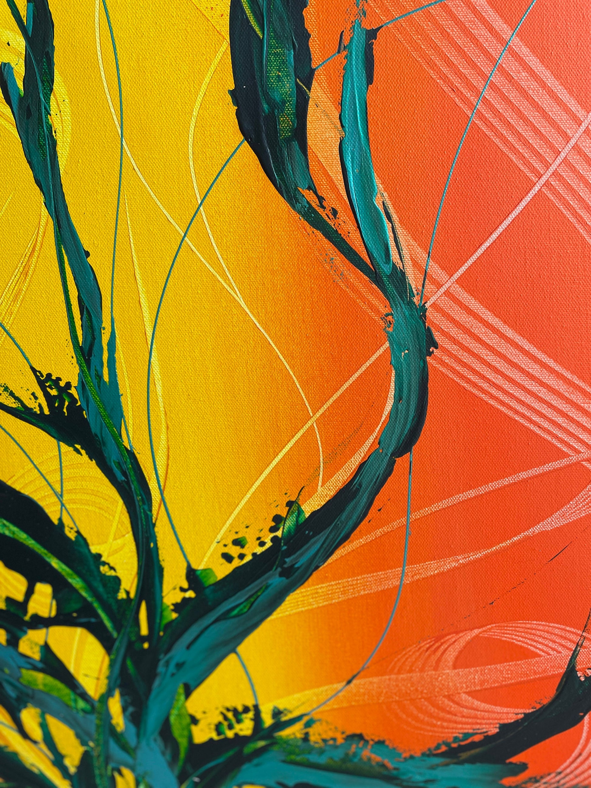 Abstraktes Acrylbild XXL Rot Gelb Orange. Dunkle, stilisierte Ast-Struktur. Handgemaltes Acrylgemälde.