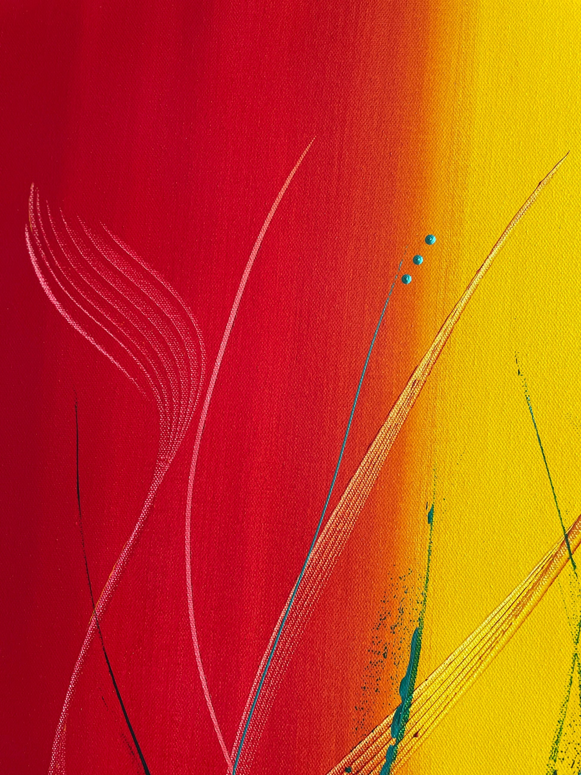 Abstraktes Acrylbild XXL Rot Gelb Orange. Dunkle, stilisierte Ast-Struktur. Handgemaltes Acrylgemälde.