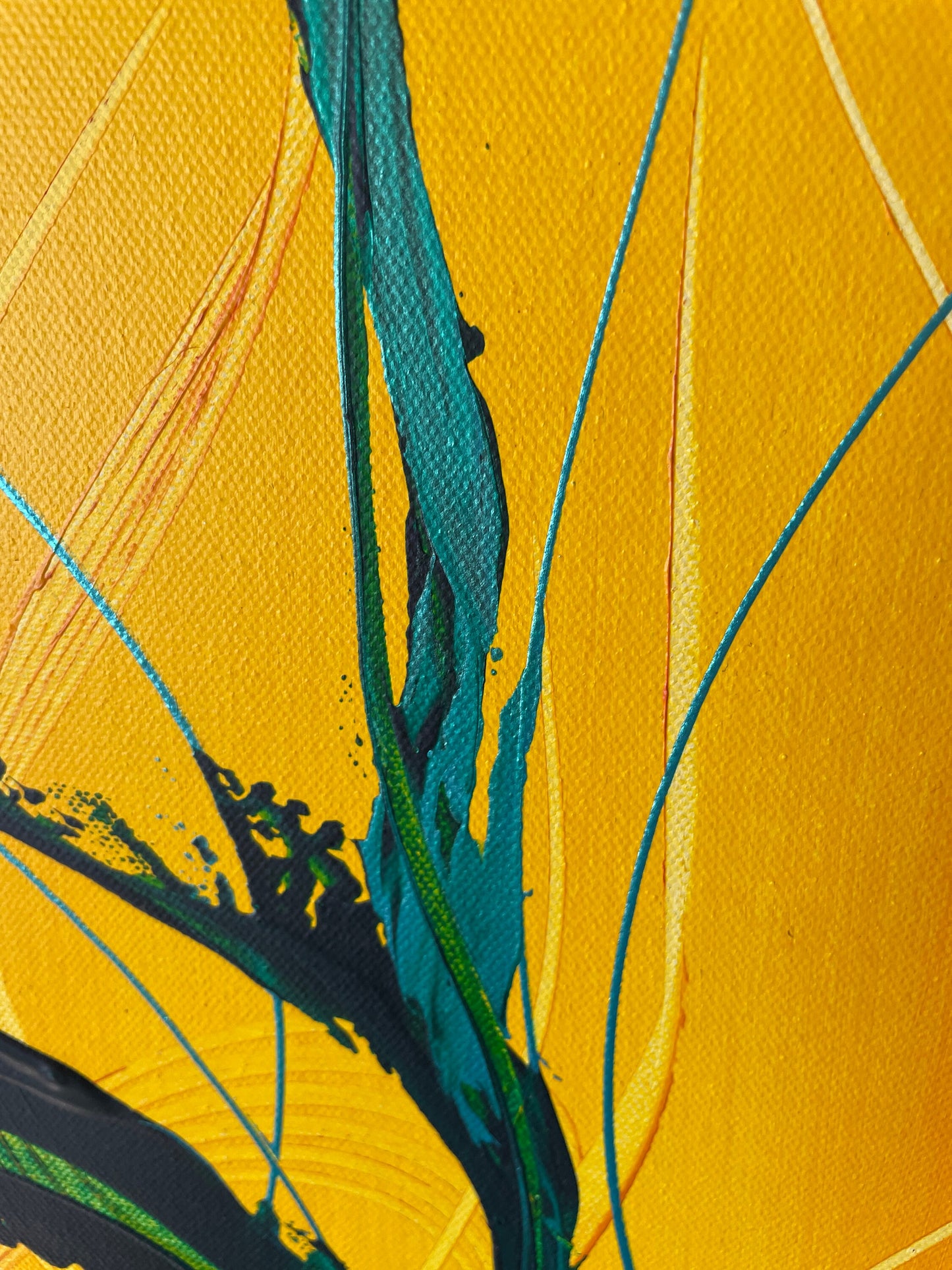 Abstraktes Acrylbild XXL Rot Gelb Orange. Dunkle, stilisierte Ast-Struktur. Handgemaltes Acrylgemälde Details.