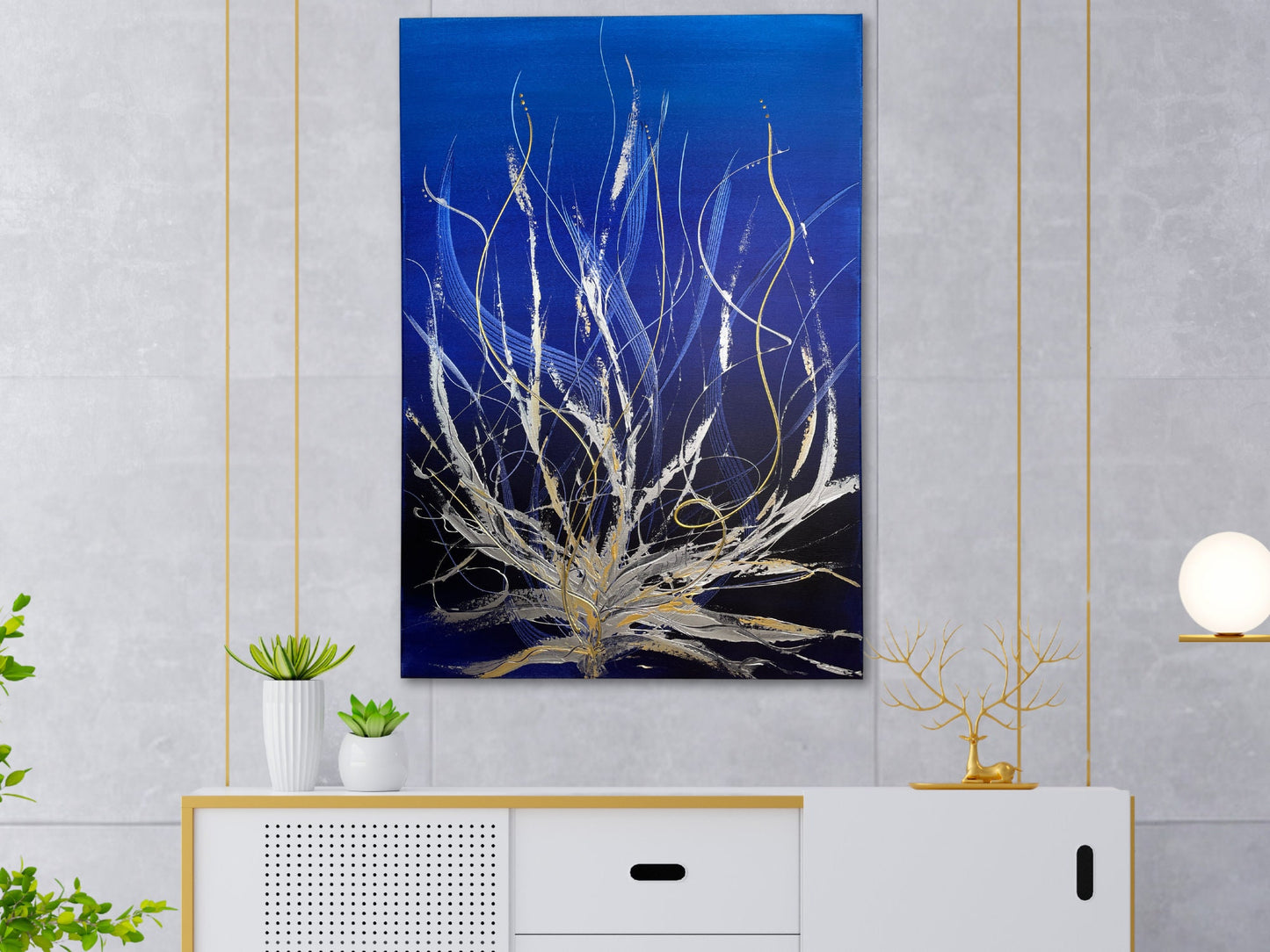 XXL Acrylbilder abstrakt Blau Silber. Original Leinwand Wandbilder zur Wandgestaltung Wohnzimmer.