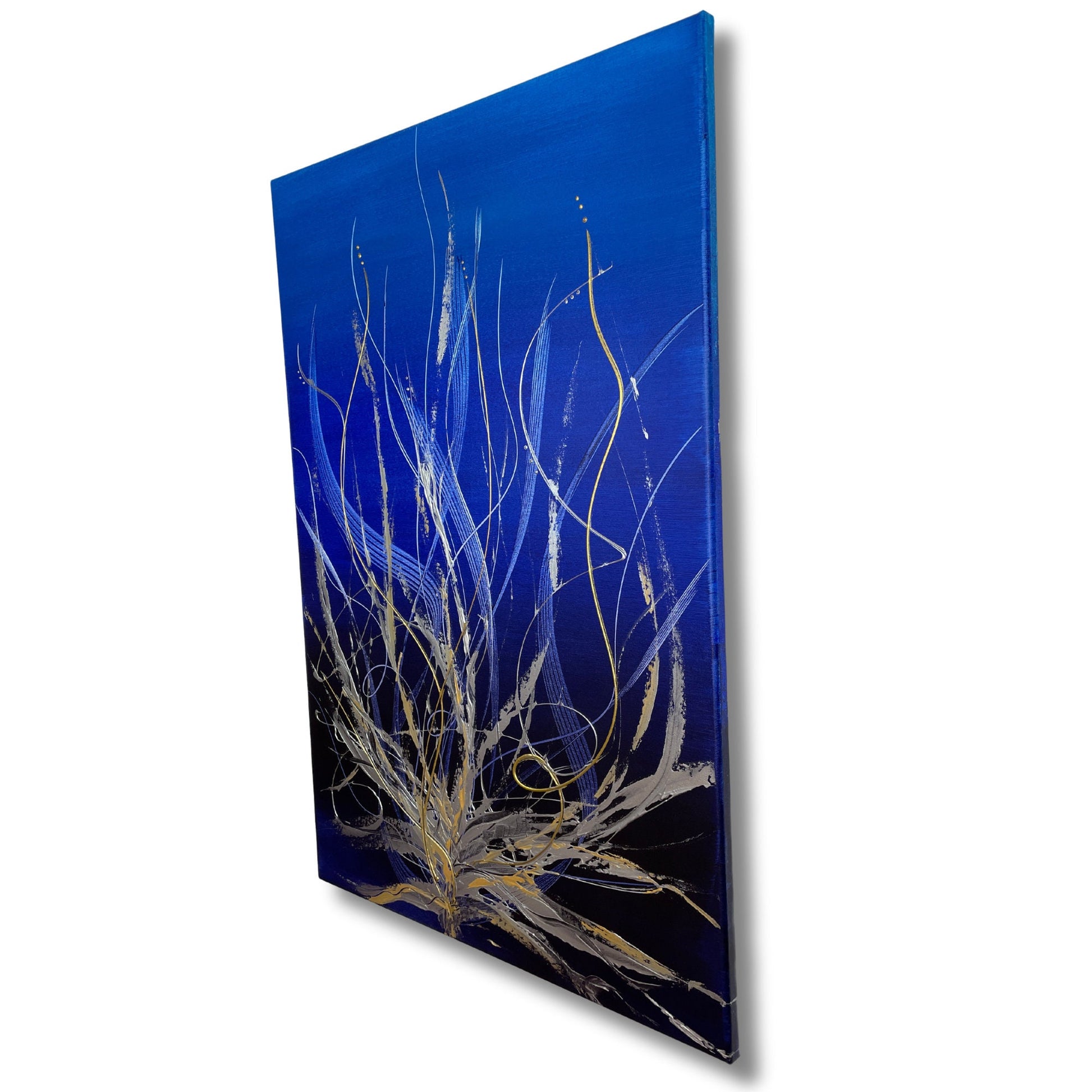 Original Acrylgemälde kaufen - Handgemaltes Original in Blau und Silber. Perfekt als Wanddeko.