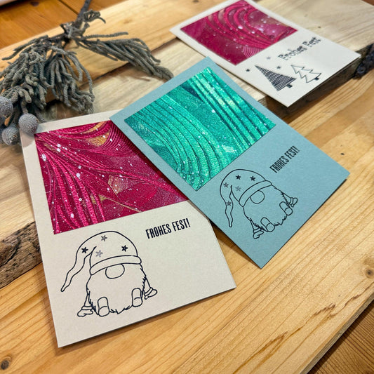 3er Set Weihnachtskarten "Frohes Fest" mit süßem Wichtel Design
