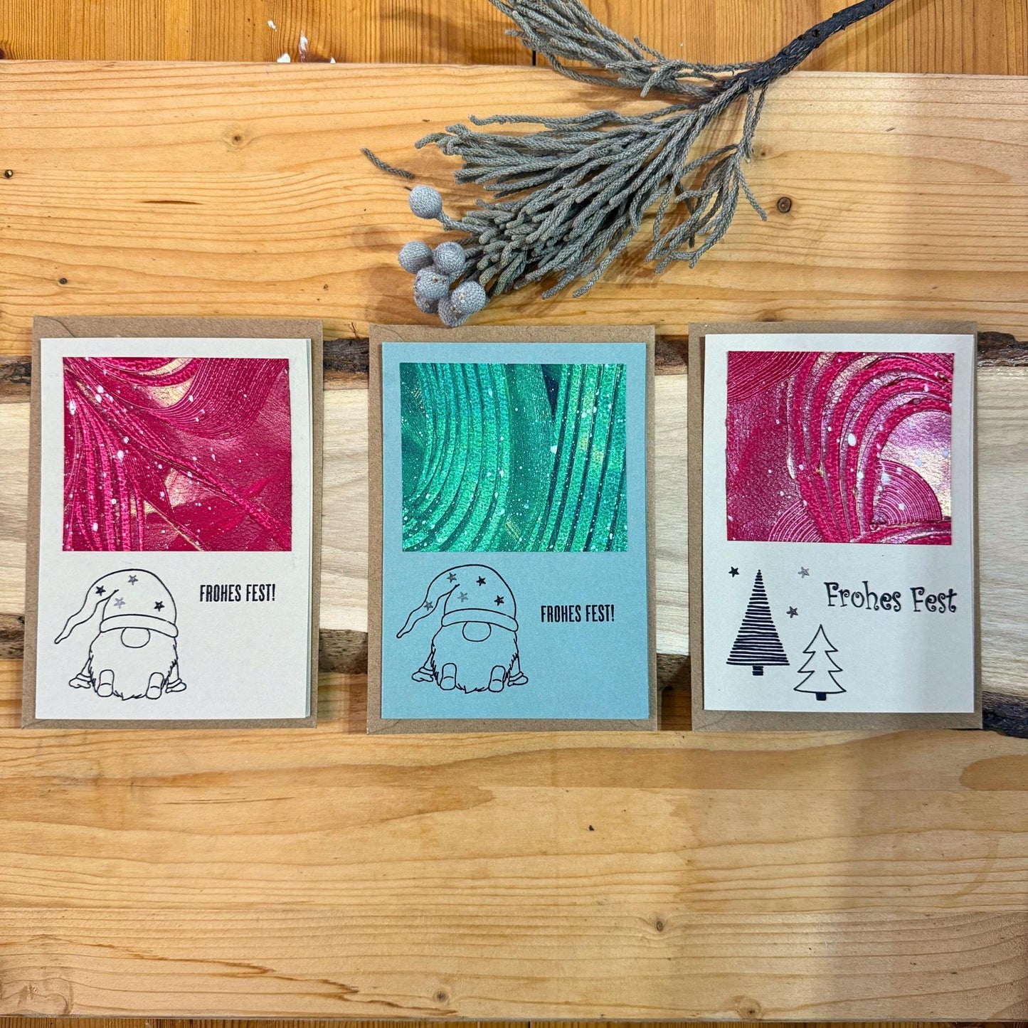 3er Set Weihnachtskarten "Frohes Fest" mit süßem Wichtel Design