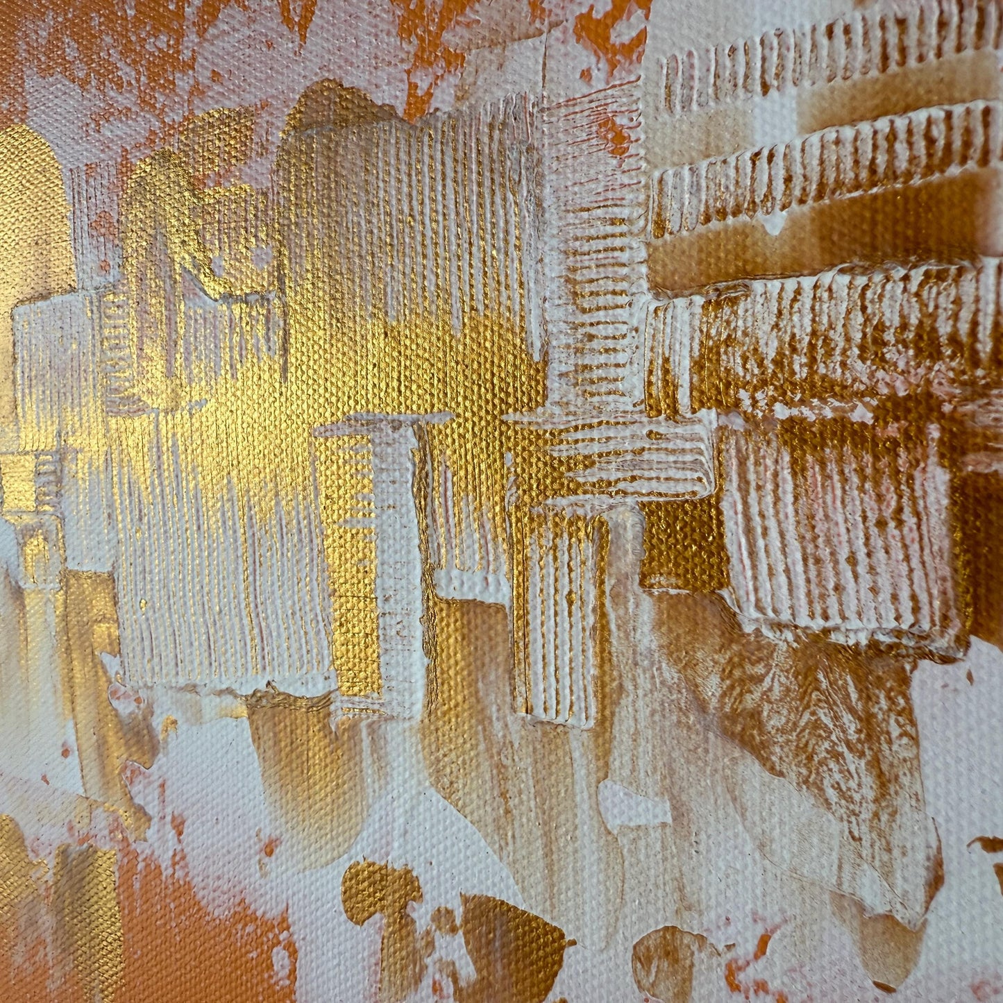 kunst bilder kaufen günstig: Abstraktes Acrylgemälde in Terracotta und Gold zur Wandgestaltung im Wohnzimmer.