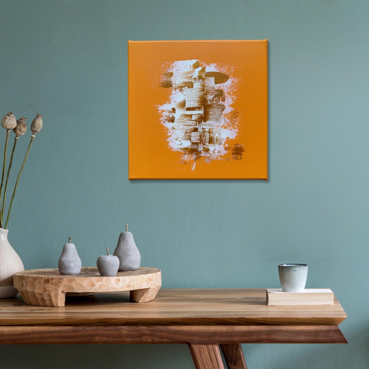 kunst bilder kaufen günstig: Abstraktes Acrylgemälde in Terracotta und Gold zur Wandgestaltung im Büro.