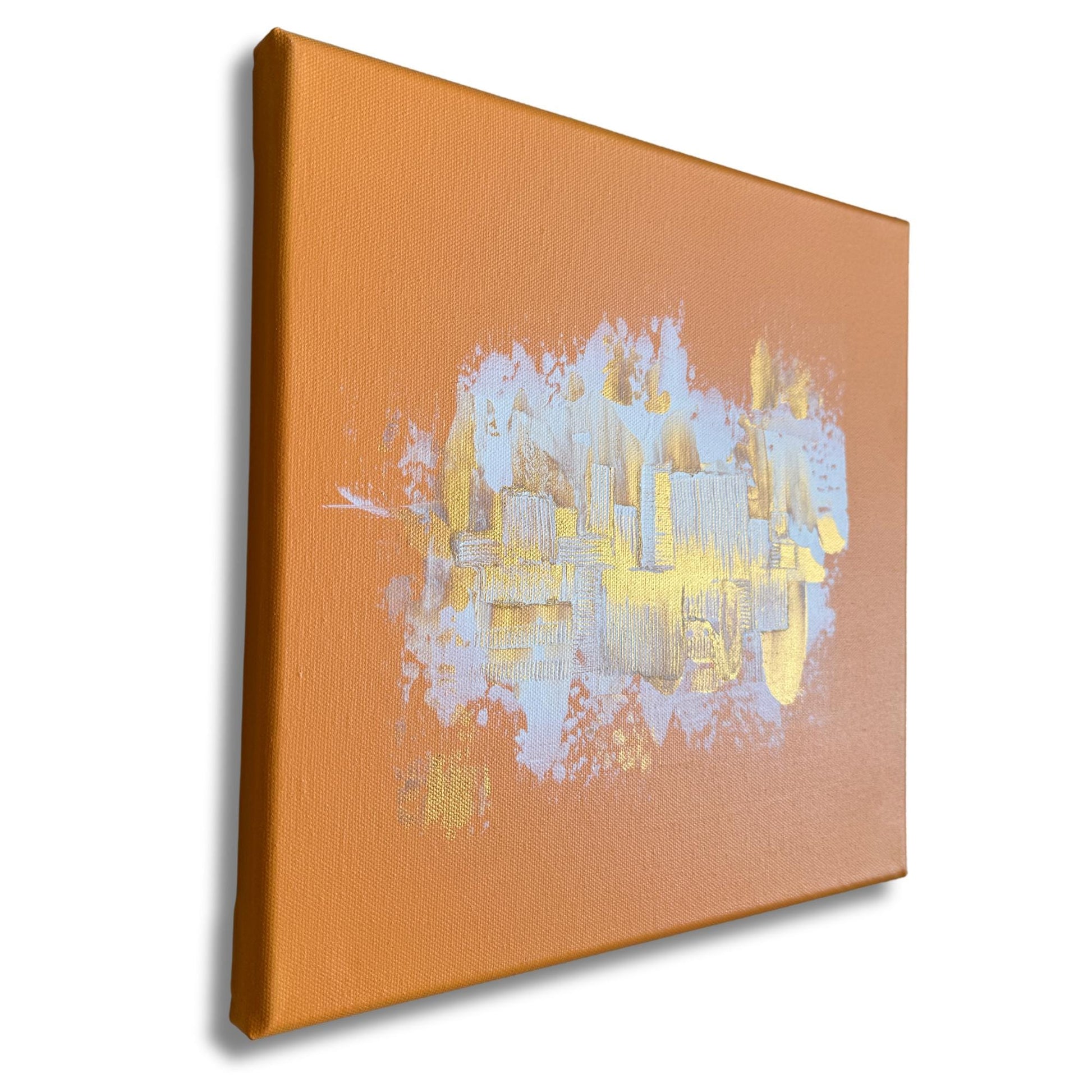 kunst bilder kaufen günstig: Abstraktes Acrylgemälde in Terracotta und Gold zur Wanddeko im Wohnzimmer.