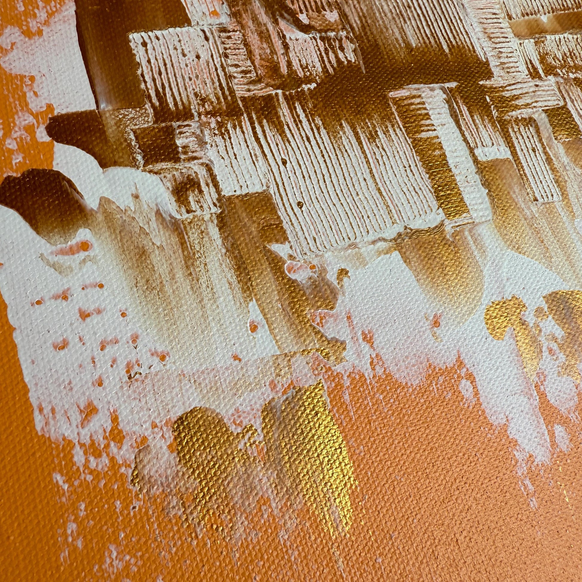 kunst bilder kaufen günstig: Abstraktes Acrylgemälde in Terracotta und Gold zur Wandgestaltung im Wohnzimmer.