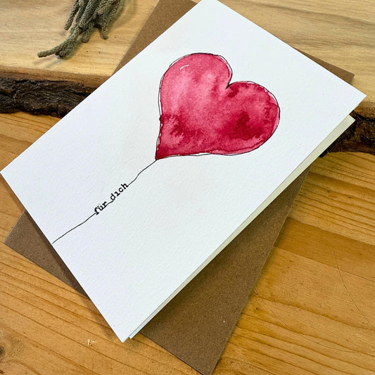 Handgemalte Aquarell Grußkarte Herz. Motiv mit rotem Herz und Spruch "Für Dich". Papeterie als Unikat.