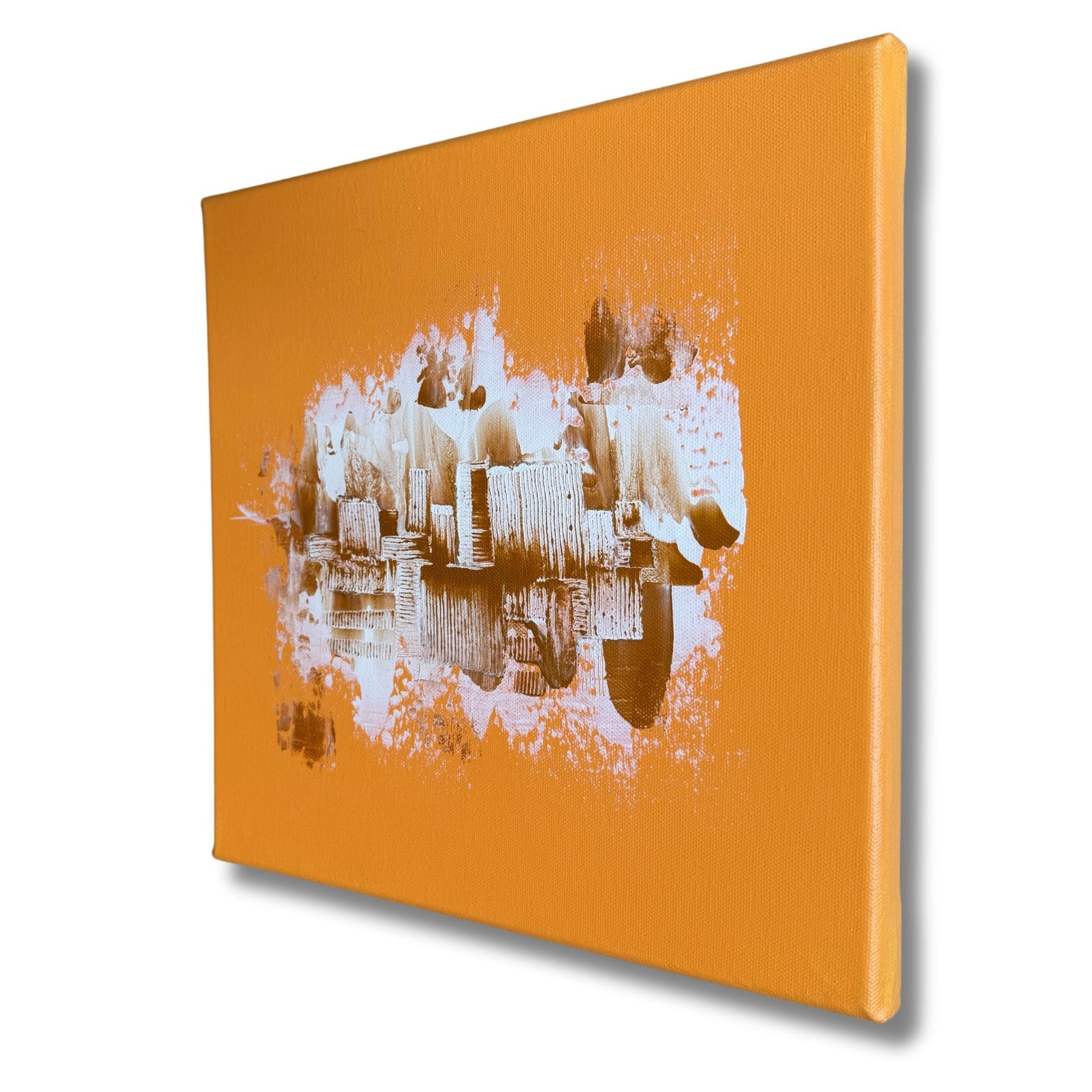 kunst bilder kaufen günstig: Abstraktes Acrylgemälde in Terracotta und Gold zur Wandgestaltung im Wohnzimmer.