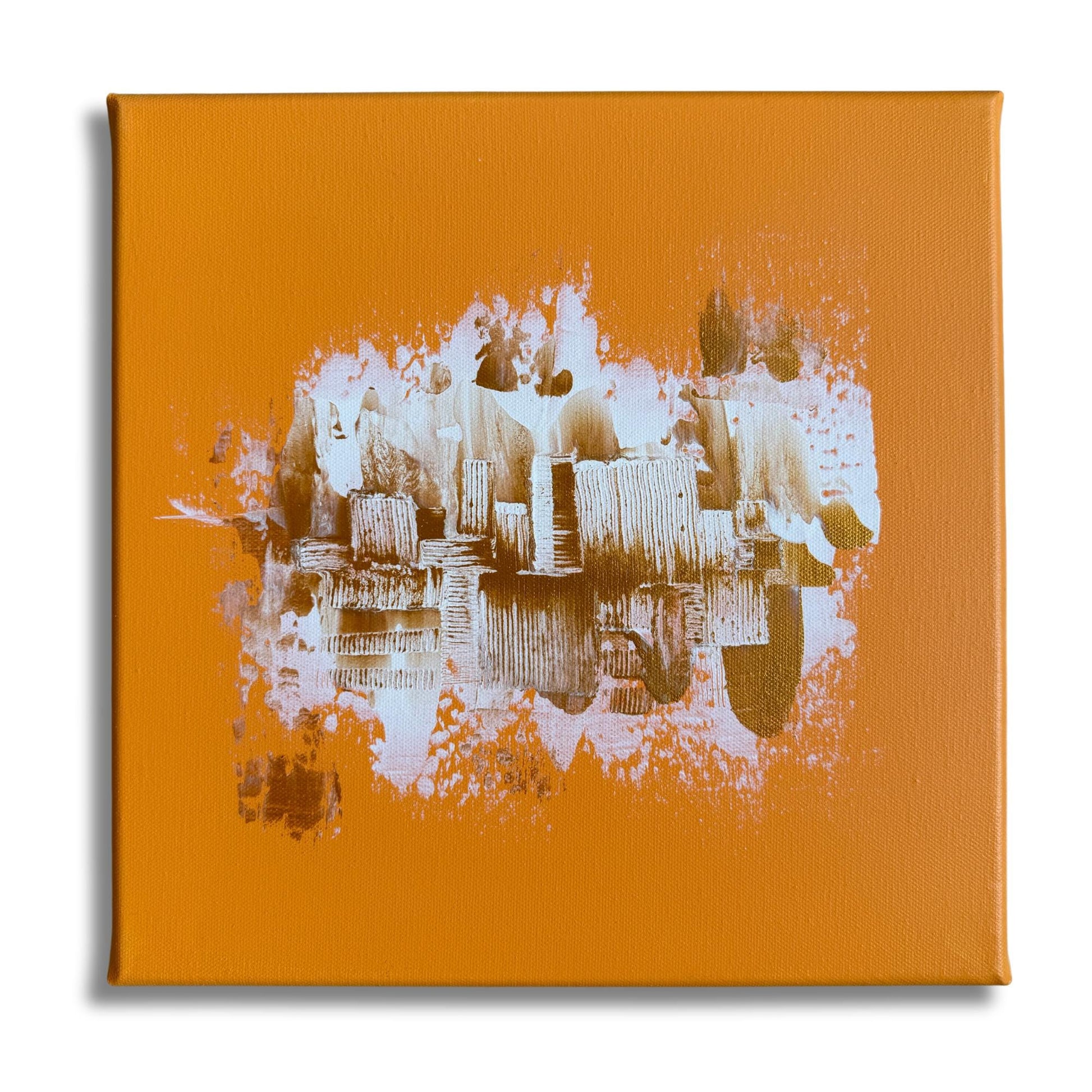 kunst bilder kaufen günstig: Abstraktes Acrylgemälde in Terracotta und Gold zur Wandgestaltung im Esszimmer.