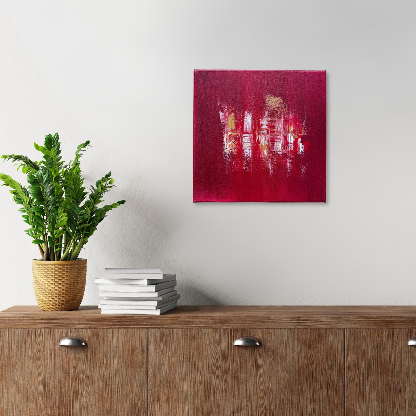 Schönes Acrylbild Quadratisch. Tiefe Rot-Struktur mit eleganten Gold- und Weiß-Akzenten. Modernes abstraktes Unikat.