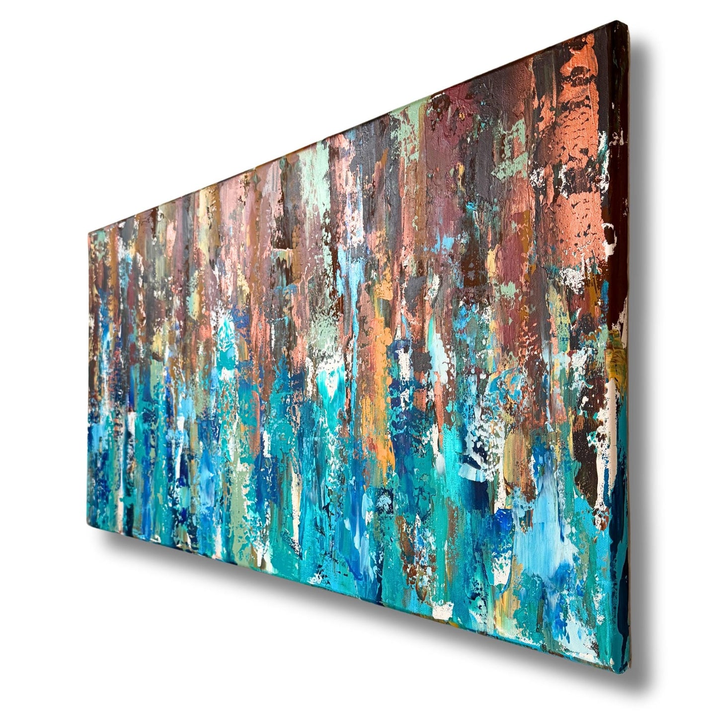 Handgemaltes Leinwandbild Querformat. Starke Spachtelstruktur in Braun, Türkis und Blau. Abstraktes Unikat XXL.