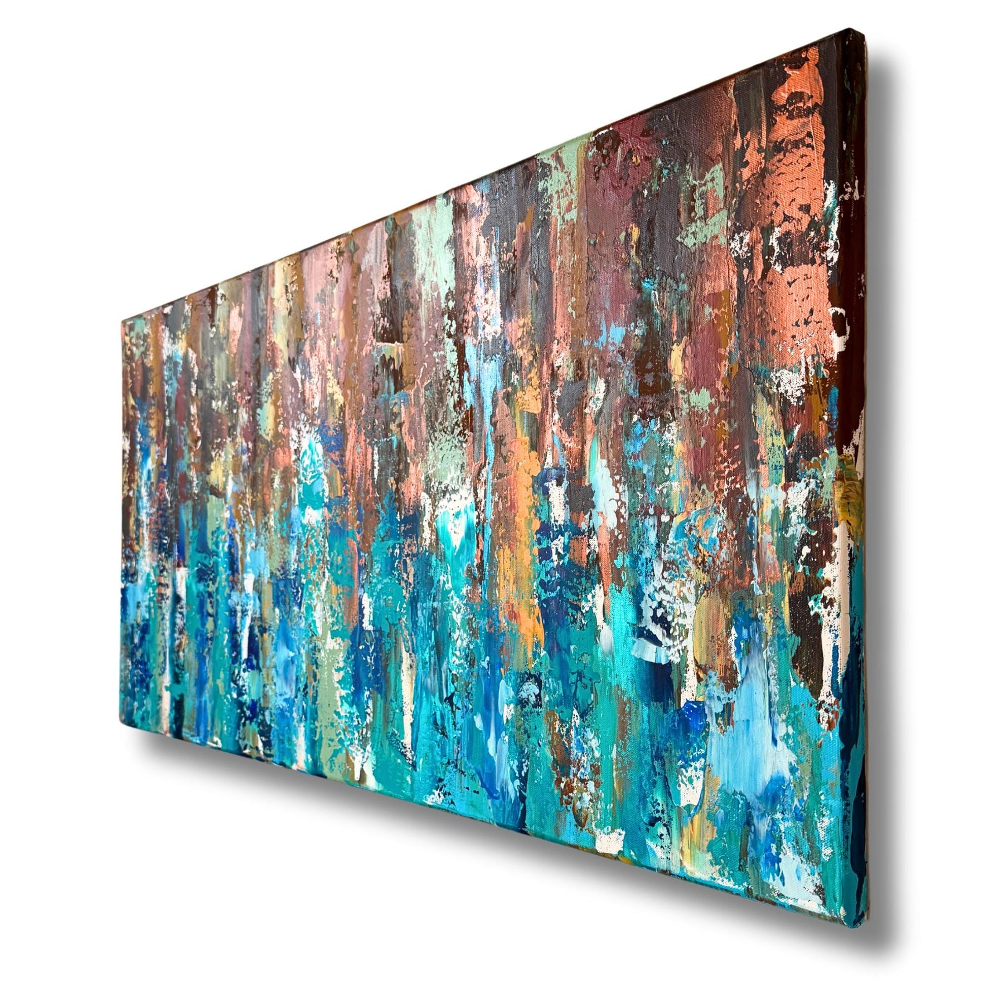 Handgemaltes Leinwandbild Querformat. Starke Spachtelstruktur in Braun, Türkis und Blau. Abstraktes Unikat XXL.