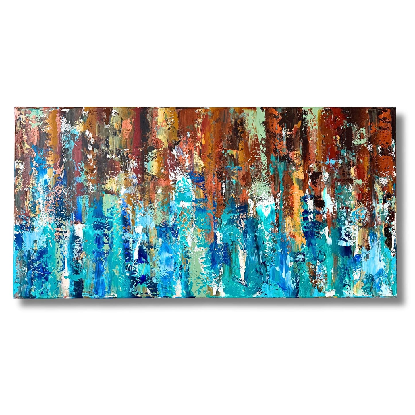 Handgemaltes Acrylgemälde Querformat. Starke Spachtelstruktur in Braun, Türkis und Blau. Abstraktes Unikat XXL.