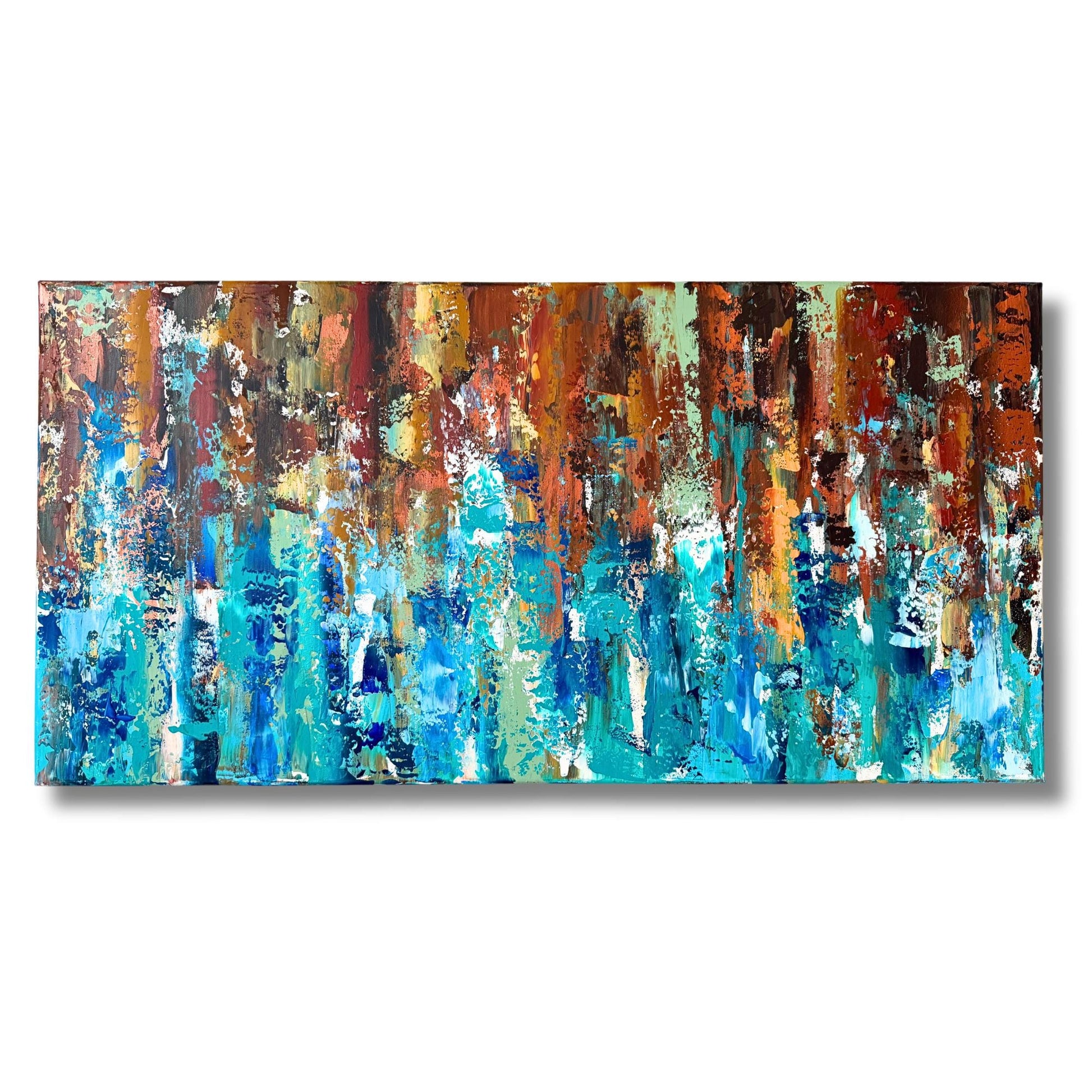 Handgemaltes Acrylgemälde Querformat. Starke Spachtelstruktur in Braun, Türkis und Blau. Abstraktes Unikat XXL.
