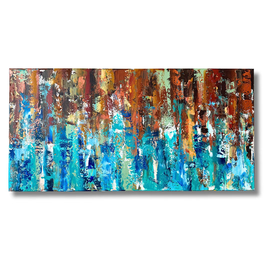 Handgemaltes Acrylgemälde Querformat. Starke Spachtelstruktur in Braun, Türkis und Blau. Abstraktes Unikat XXL.