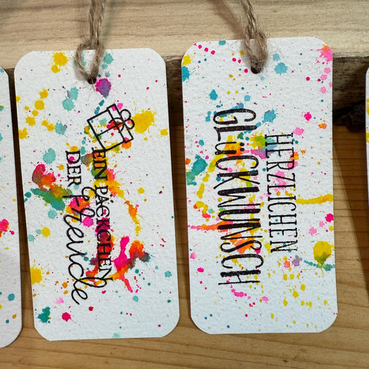 10er Set Handgefe Geschenkanhänger Bunt. Neonfarbenes Spritzer-Design für Glückwünsche, Geburtstag und alle Anlässe.