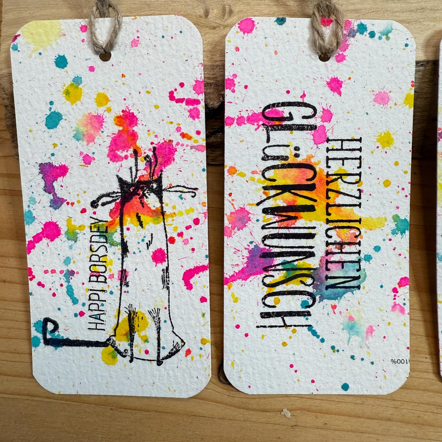 10er Set Handgemalte Geschenkanhänger Bunt. Neonfarbenes Spritzer-Design für Glückwünsche, Geburtstag und alle Anlässe.