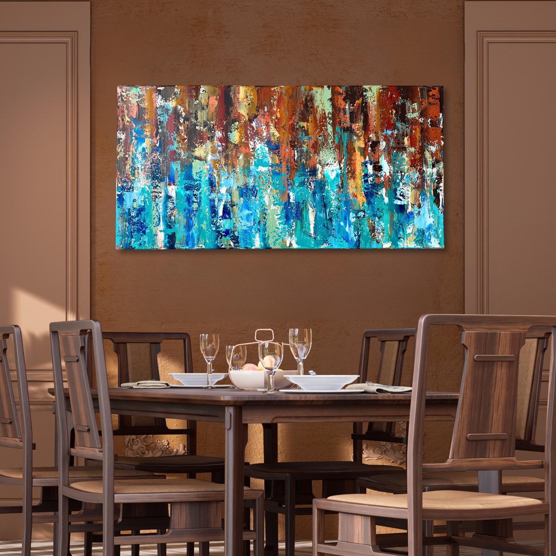 Modernes Acrylgemälde Querformat. Starke Spachtelstruktur in Braun, Türkis und Blau. Abstraktes Unikat XXL.