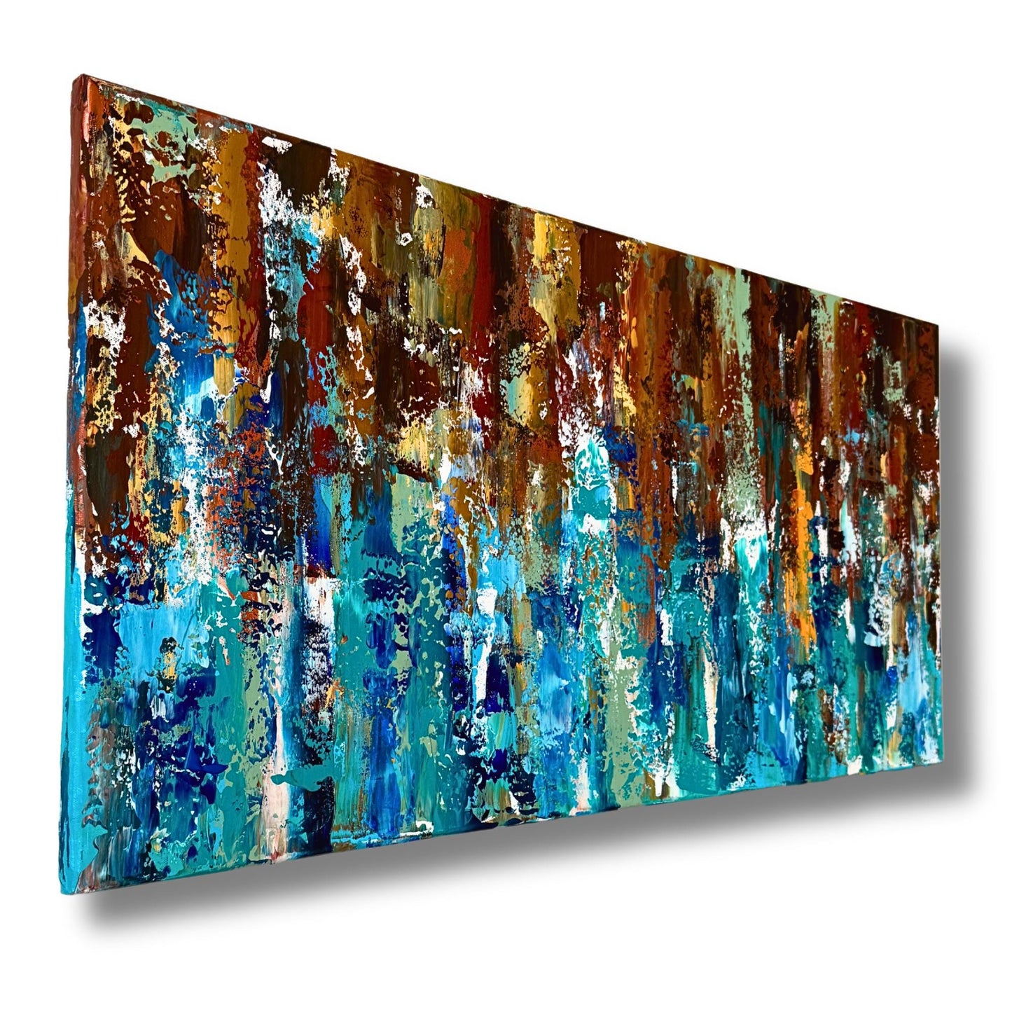 Dekoratives Wandbild Querformat. Starke Spachtelstruktur in Braun, Türkis und Blau. Abstraktes Unikat XXL.