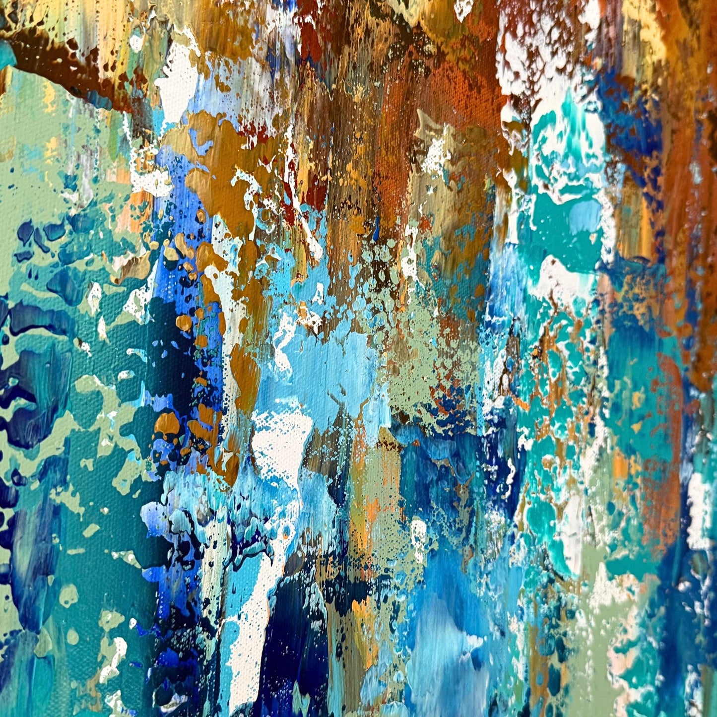 Handgemaltes Acrylgemälde Querformat. Starke Spachtelstruktur in Braun, Türkis und Blau. Abstraktes Unikat XXL.