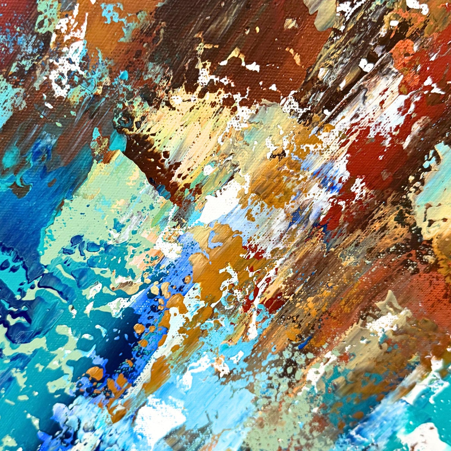 Günstiges Acrylgemälde Querformat. Starke Spachtelstruktur in Braun, Türkis und Blau. Abstraktes Unikat XXL.