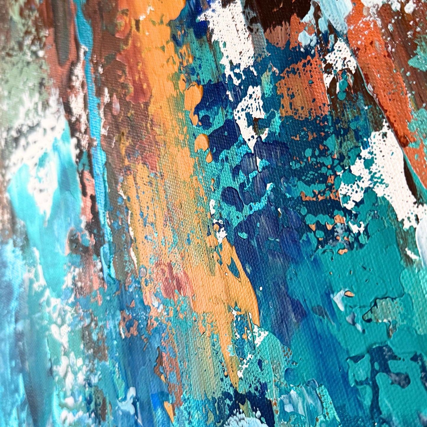 Schönes Acrylgemälde Querformat. Starke Spachtelstruktur in Braun, Türkis und Blau. Abstraktes Unikat XXL.