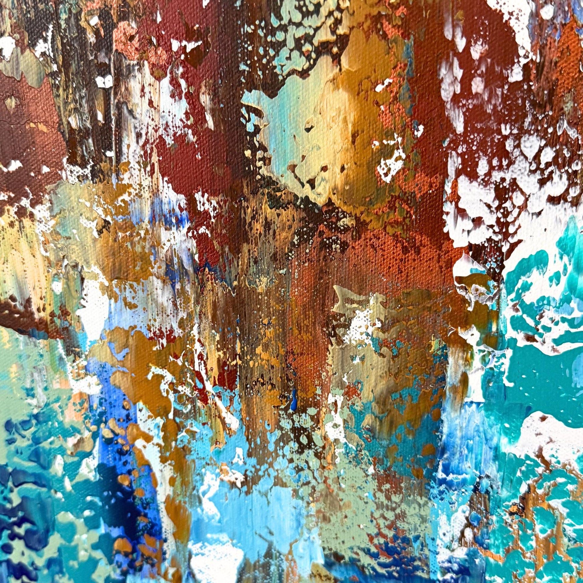 Modernes Acrylgemälde Querformat. Starke Spachtelstruktur in Braun, Türkis und Blau. Abstraktes Unikat XXL.