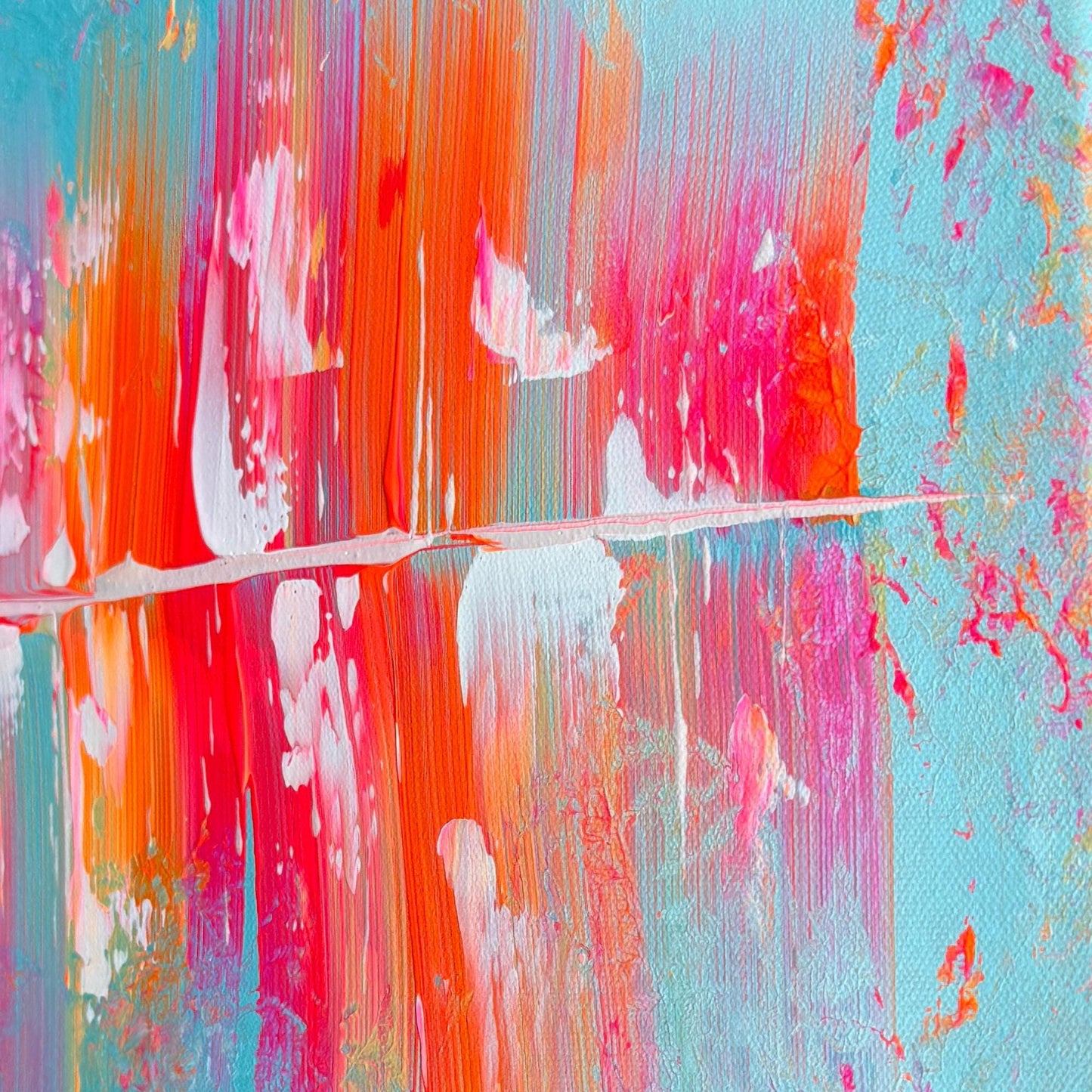 Ausdrucksstarkes Acrylbild Querformat. Dynamische Komposition Türkis Rosa Grau. Abstraktes Unikat 40x30 cm.