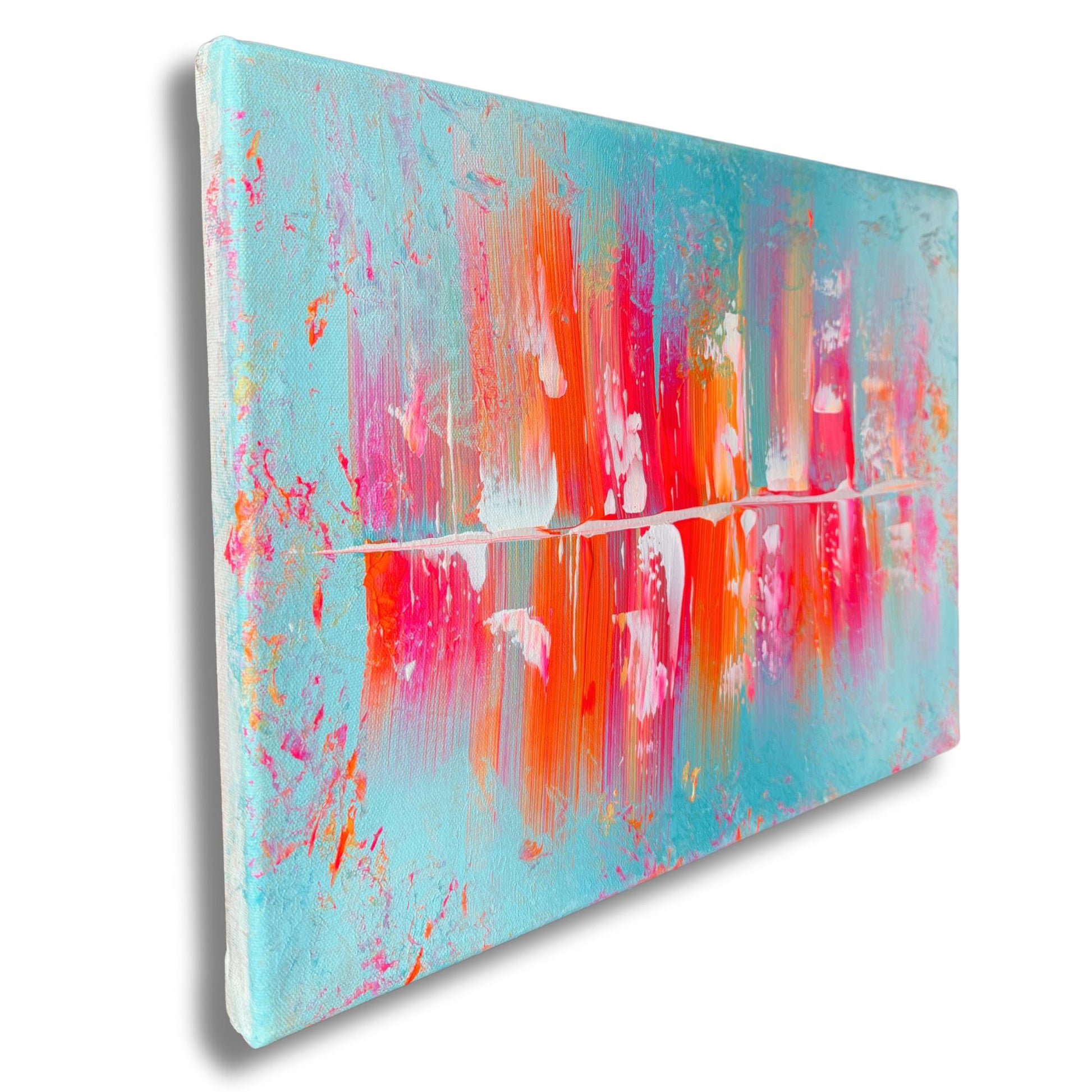 Buntes Acrylbild Querformat. Dynamische Komposition Türkis Rosa Grau. Abstraktes Unikat 40x30 cm.