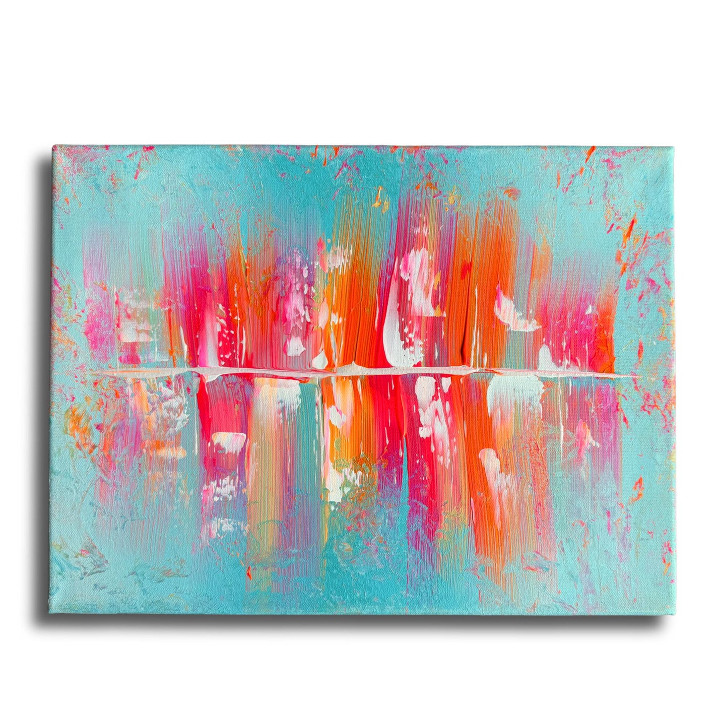 Modernes Acrylbild Querformat. Dynamische Komposition Türkis Rosa Grau. Abstraktes Unikat 40x30 cm.