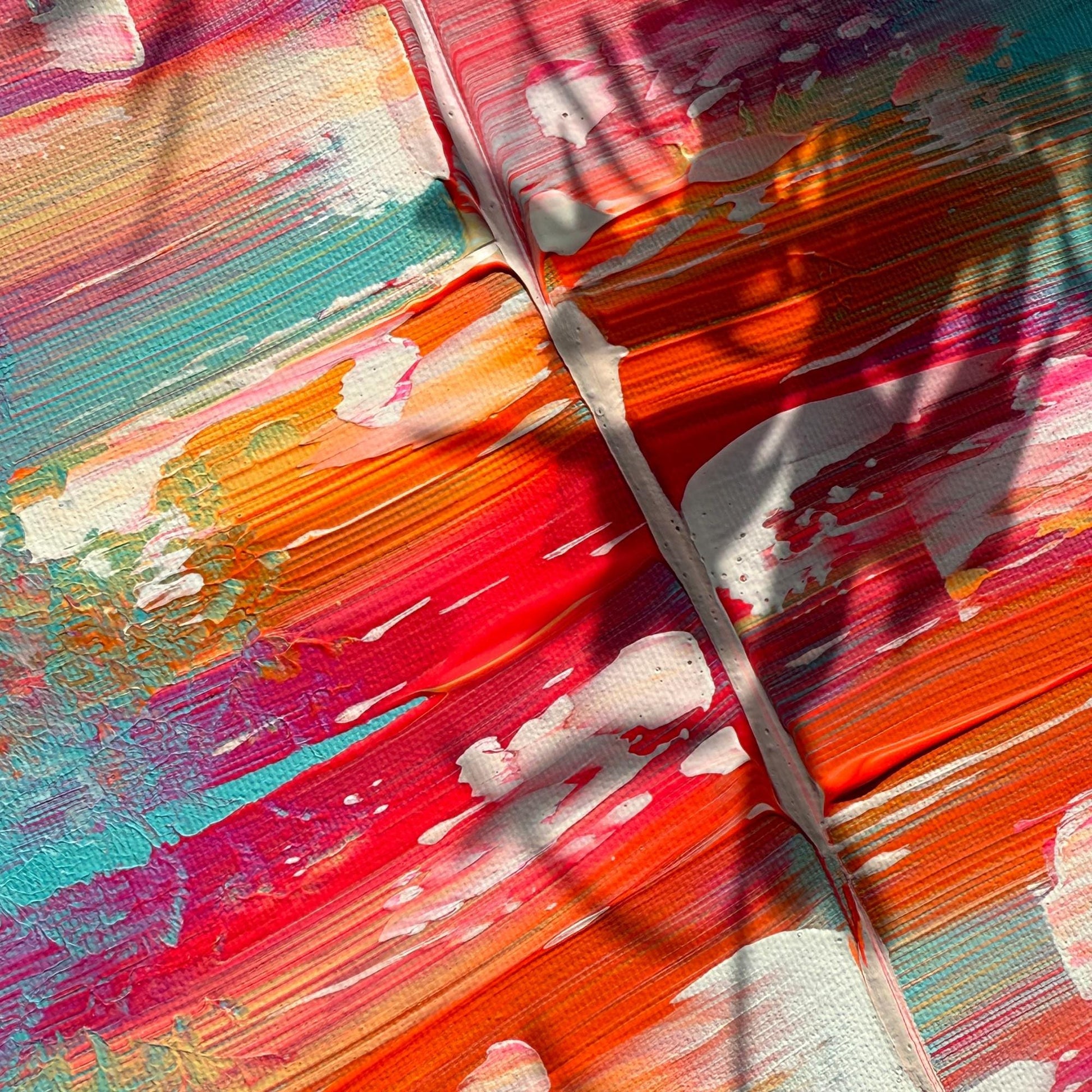 Modernes Acrylbild Querformat. Dynamische Komposition Türkis Rosa Grau. Abstraktes Unikat 40x30 cm.